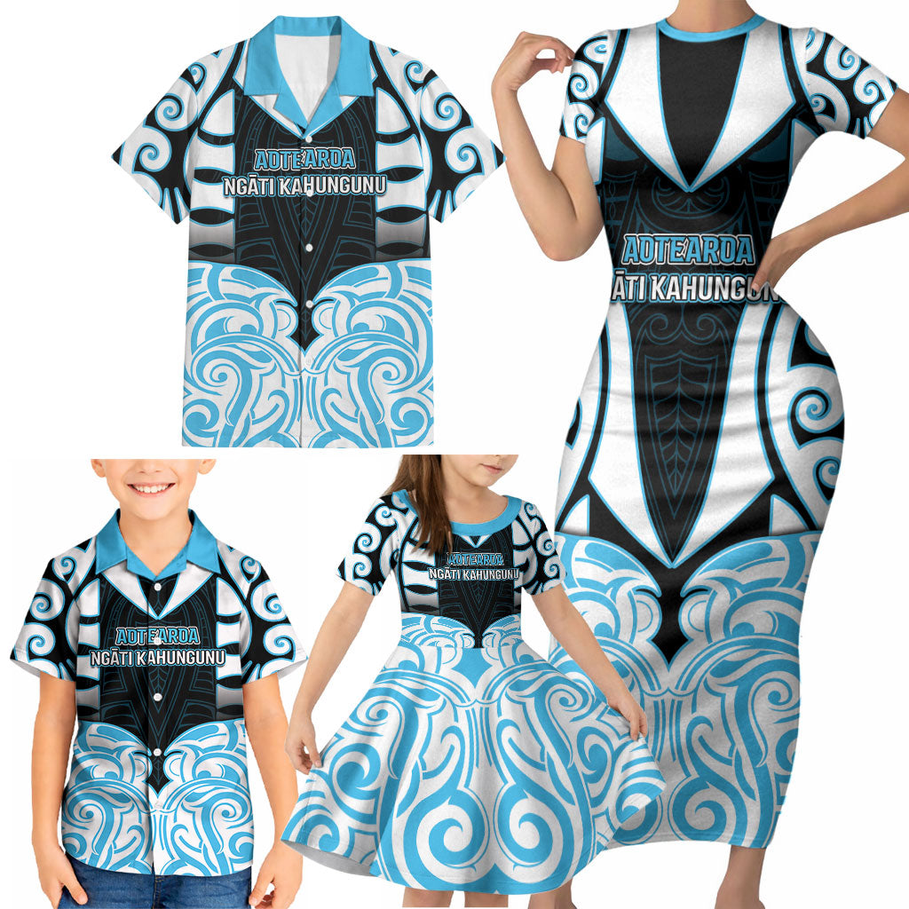 Custom Aotearoa Ngati Kahungunu Family Matching Short Sleeve Bodycon Dress and Hawaiian Shirt New Zealand Traditional Maori Pattern