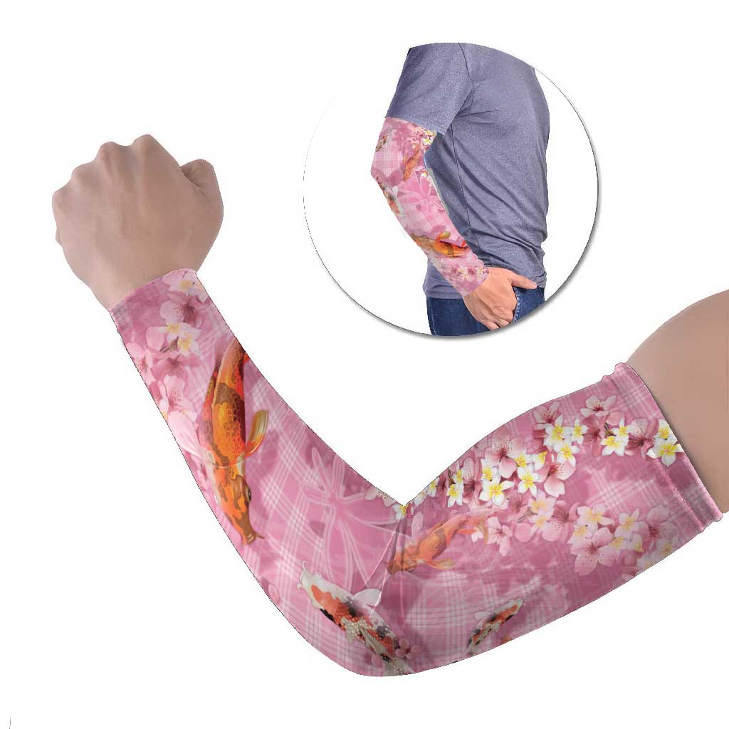 Pink Palaka Hawaiian And Japanese Arm Sleeves Sakura Lei With Koi Fish - Polynesian Pride