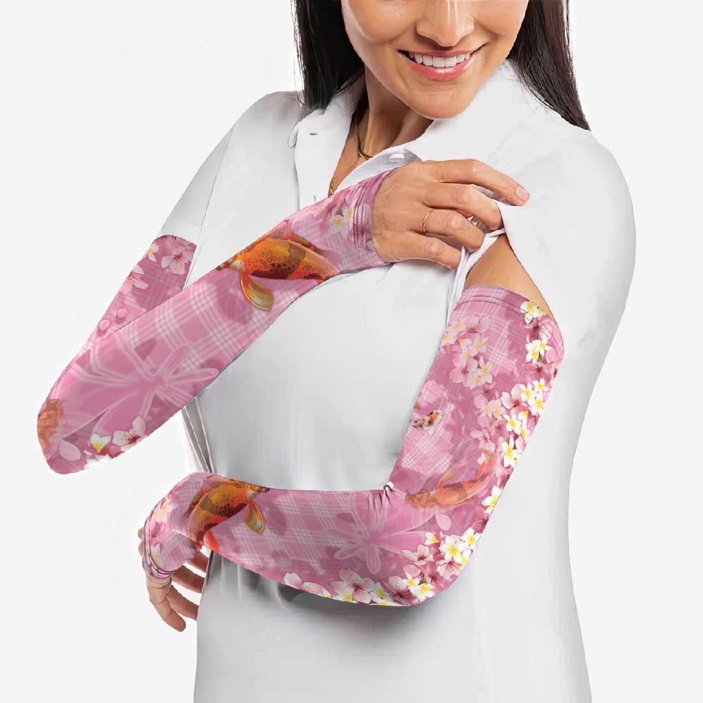Pink Palaka Hawaiian And Japanese Arm Sleeves Sakura Lei With Koi Fish - Polynesian Pride