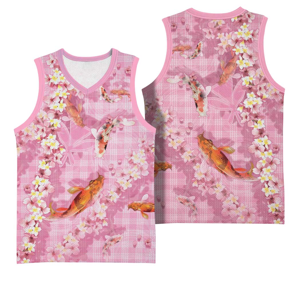 Pink Palaka Hawaiian And Japanese Basketball Jersey Sakura Lei With Koi Fish - Polynesian Pride