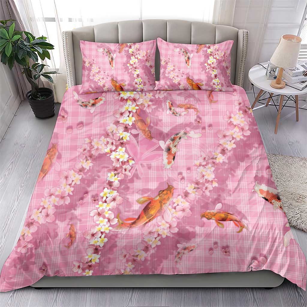 Pink Palaka Hawaiian And Japanese Bedding Set Sakura Lei With Koi Fish - Polynesian Pride