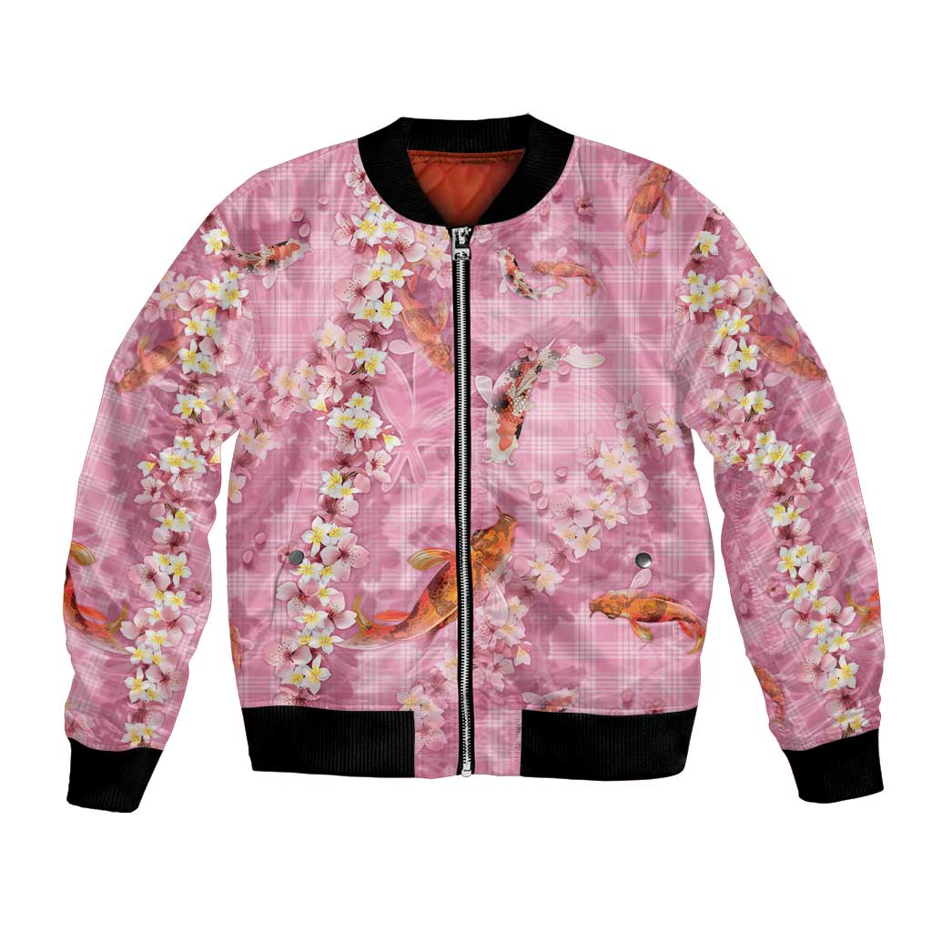 Pink Palaka Hawaiian And Japanese Bomber Jacket Sakura Lei With Koi Fish DT05 Unisex Pink - Polynesian Pride