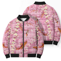 Pink Palaka Hawaiian And Japanese Bomber Puffer Jacket Sakura Lei With Koi Fish - Polynesian Pride