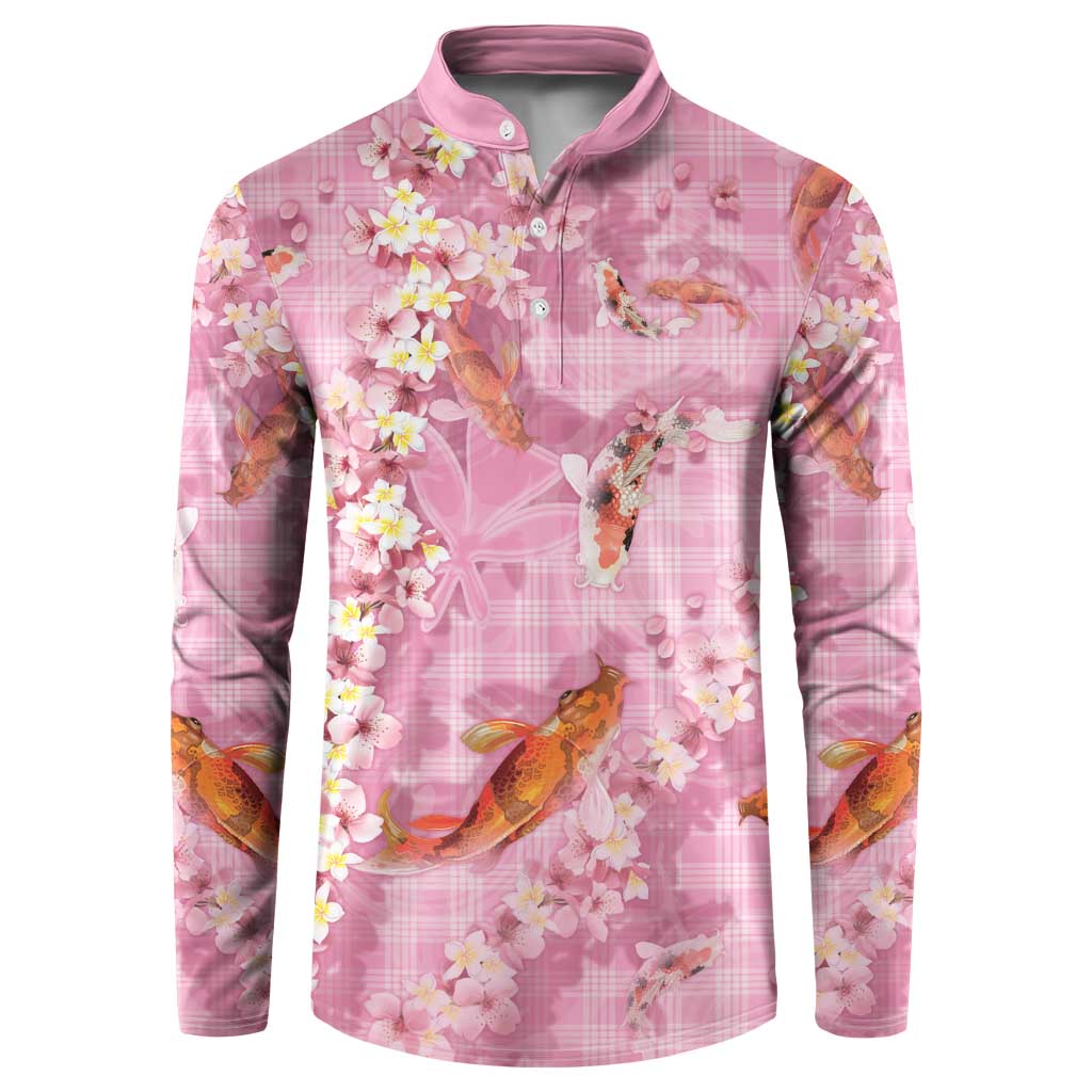 Pink Palaka Hawaiian And Japanese Button Sweatshirt Sakura Lei With Koi Fish - Polynesian Pride