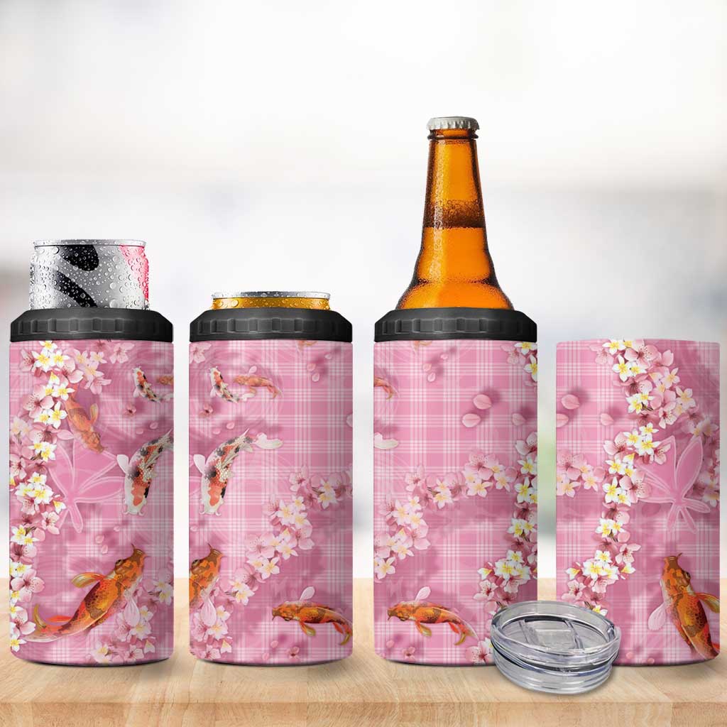 Pink Palaka Hawaiian And Japanese 4 in 1 Can Cooler Tumbler Sakura Lei With Koi Fish - Polynesian Pride