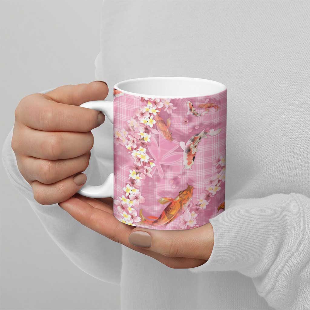Pink Palaka Hawaiian And Japanese Ceramic Mug Sakura Lei With Koi Fish - Polynesian Pride