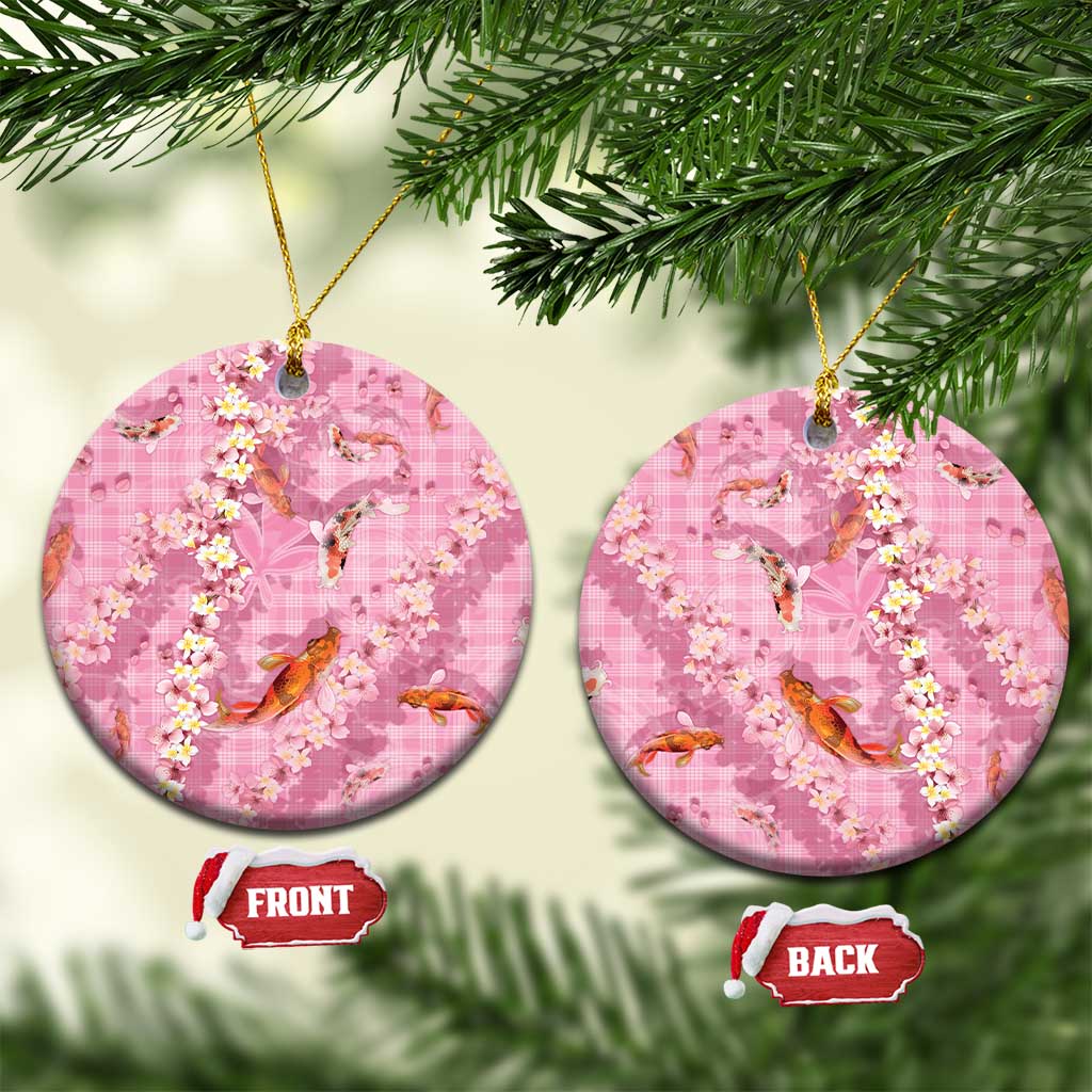 Pink Palaka Hawaiian And Japanese Ceramic Ornament Sakura Lei With Koi Fish - Polynesian Pride