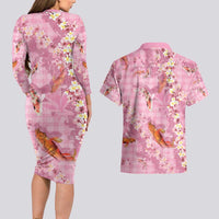 Pink Palaka Hawaiian And Japanese Couples Matching Long Sleeve Bodycon Dress and Hawaiian Shirt Sakura Lei With Koi Fish - Polynesian Pride