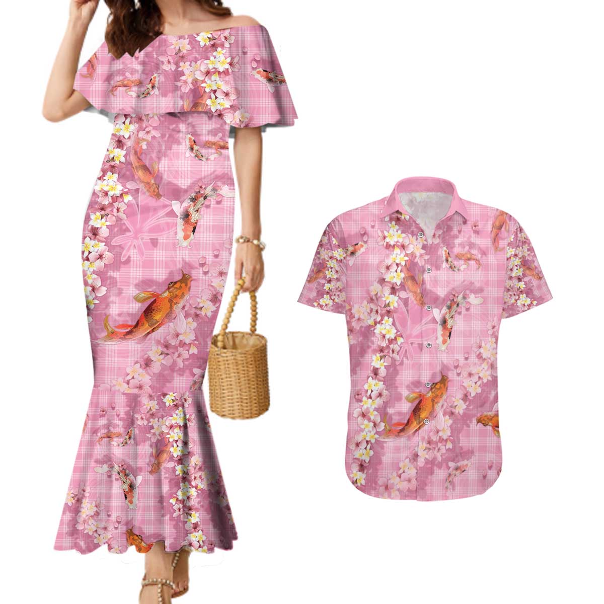 Pink Palaka Hawaiian And Japanese Couples Matching Mermaid Dress and Hawaiian Shirt Sakura Lei With Koi Fish - Polynesian Pride