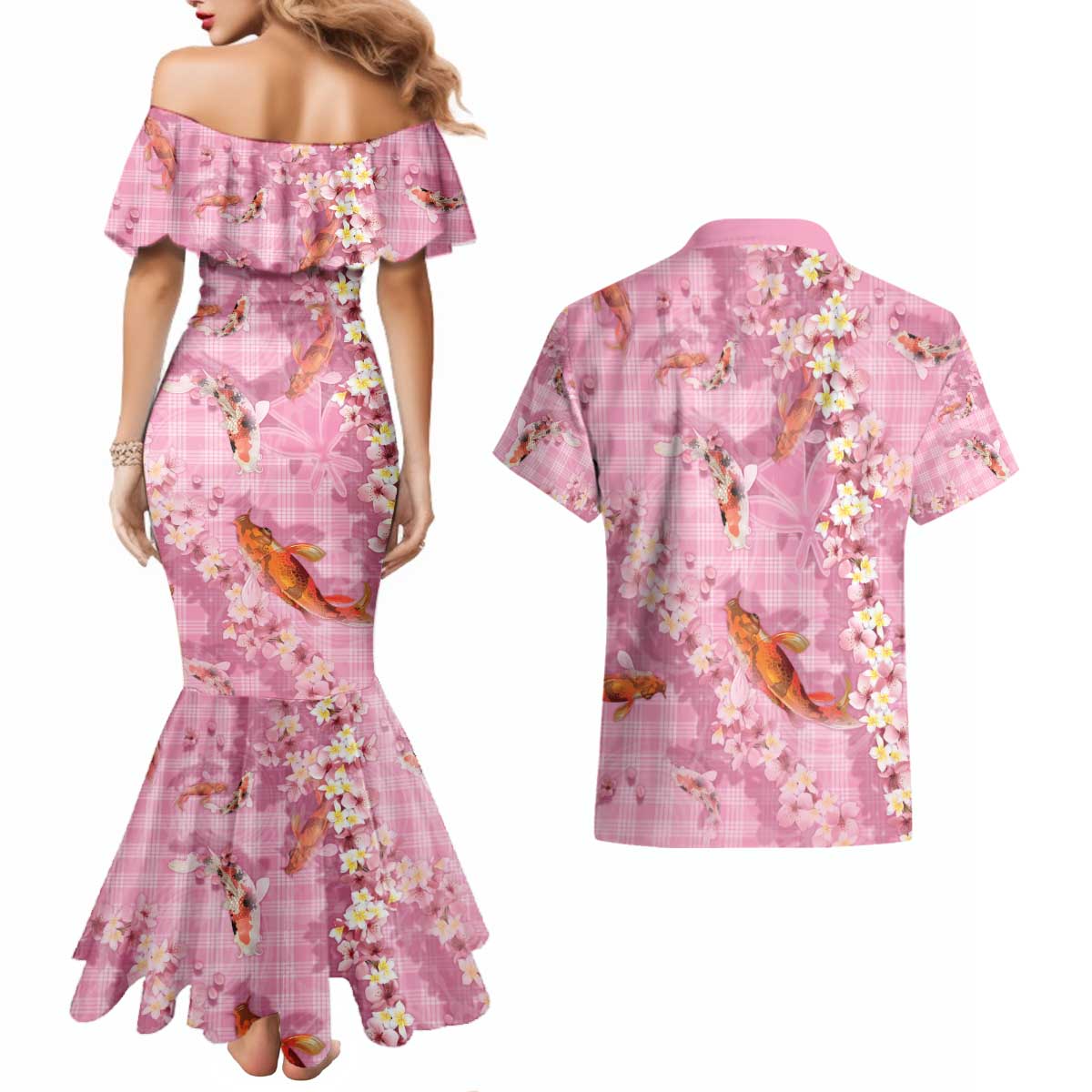 Pink Palaka Hawaiian And Japanese Couples Matching Mermaid Dress and Hawaiian Shirt Sakura Lei With Koi Fish - Polynesian Pride