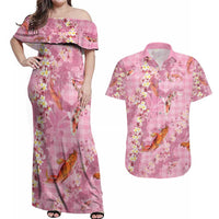 Pink Palaka Hawaiian And Japanese Couples Matching Off Shoulder Maxi Dress and Hawaiian Shirt Sakura Lei With Koi Fish - Polynesian Pride