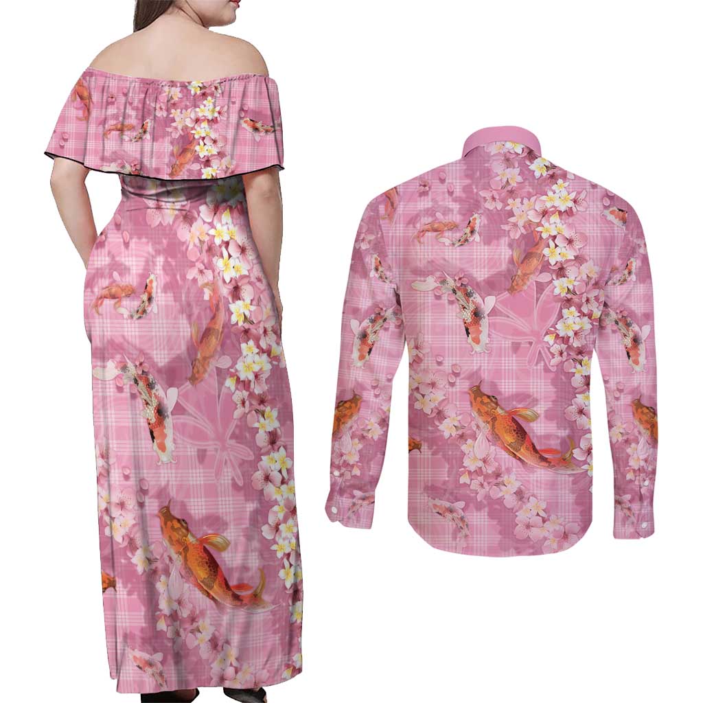Pink Palaka Hawaiian And Japanese Couples Matching Off Shoulder Maxi Dress and Long Sleeve Button Shirt Sakura Lei With Koi Fish - Polynesian Pride