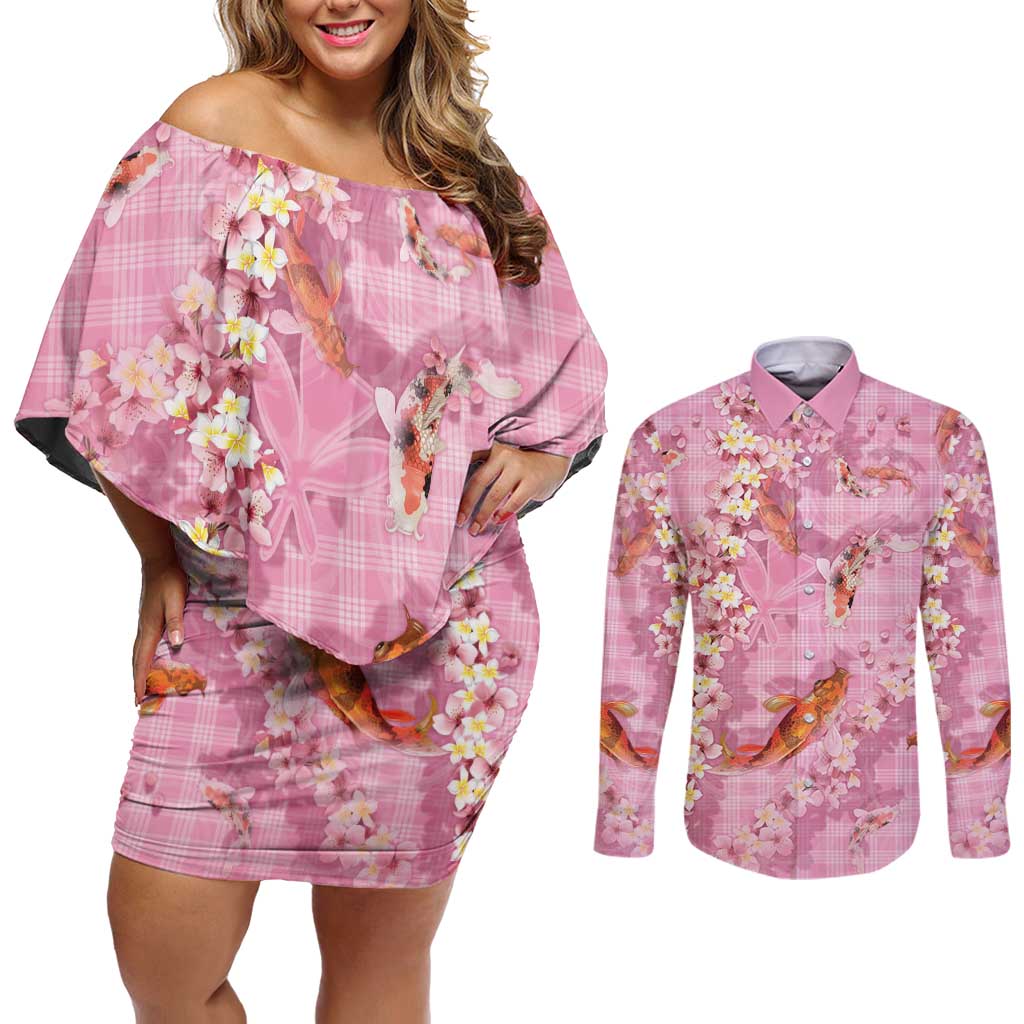 Pink Palaka Hawaiian And Japanese Couples Matching Off Shoulder Short Dress and Long Sleeve Button Shirt Sakura Lei With Koi Fish - Polynesian Pride