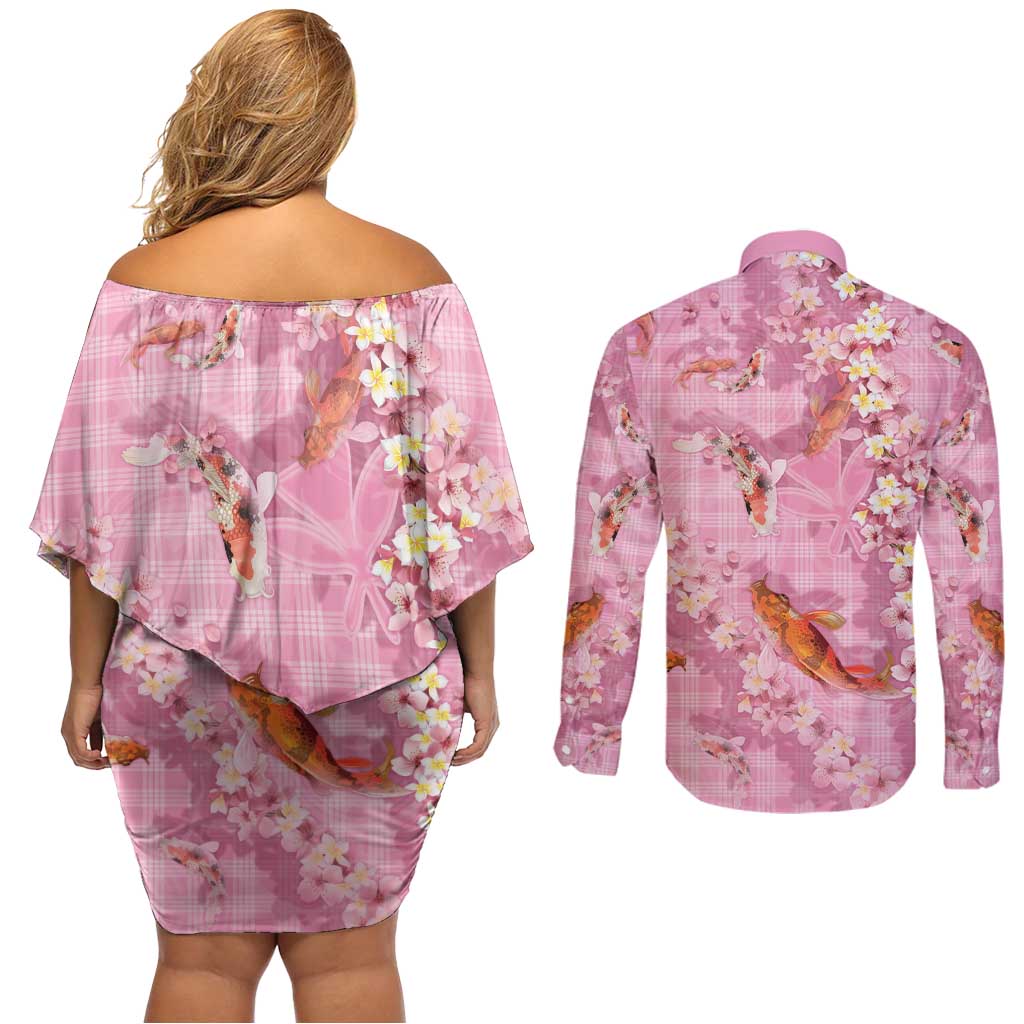 Pink Palaka Hawaiian And Japanese Couples Matching Off Shoulder Short Dress and Long Sleeve Button Shirt Sakura Lei With Koi Fish - Polynesian Pride