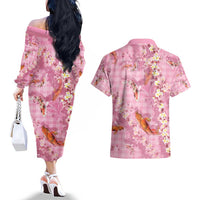 Pink Palaka Hawaiian And Japanese Couples Matching Off The Shoulder Long Sleeve Dress and Hawaiian Shirt Sakura Lei With Koi Fish - Polynesian Pride