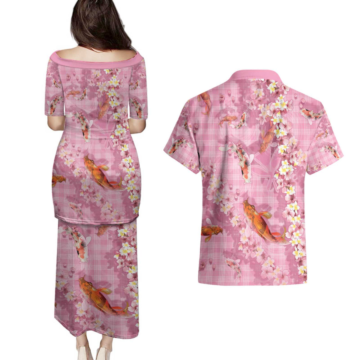 Pink Palaka Hawaiian And Japanese Couples Matching Puletasi and Hawaiian Shirt Sakura Lei With Koi Fish - Polynesian Pride