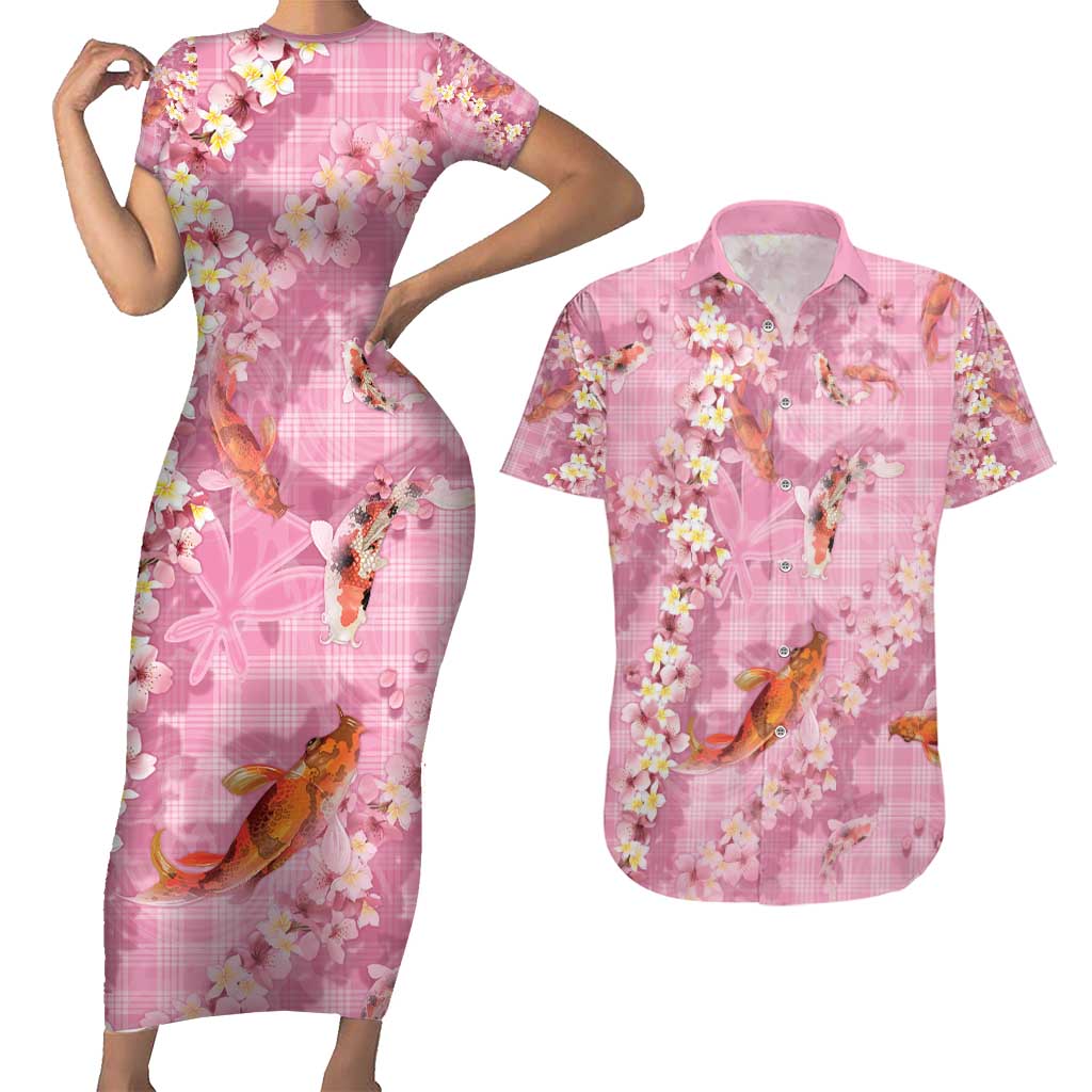 Pink Palaka Hawaiian And Japanese Couples Matching Short Sleeve Bodycon Dress and Hawaiian Shirt Sakura Lei With Koi Fish - Polynesian Pride