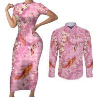 Pink Palaka Hawaiian And Japanese Couples Matching Short Sleeve Bodycon Dress and Long Sleeve Button Shirt Sakura Lei With Koi Fish - Polynesian Pride