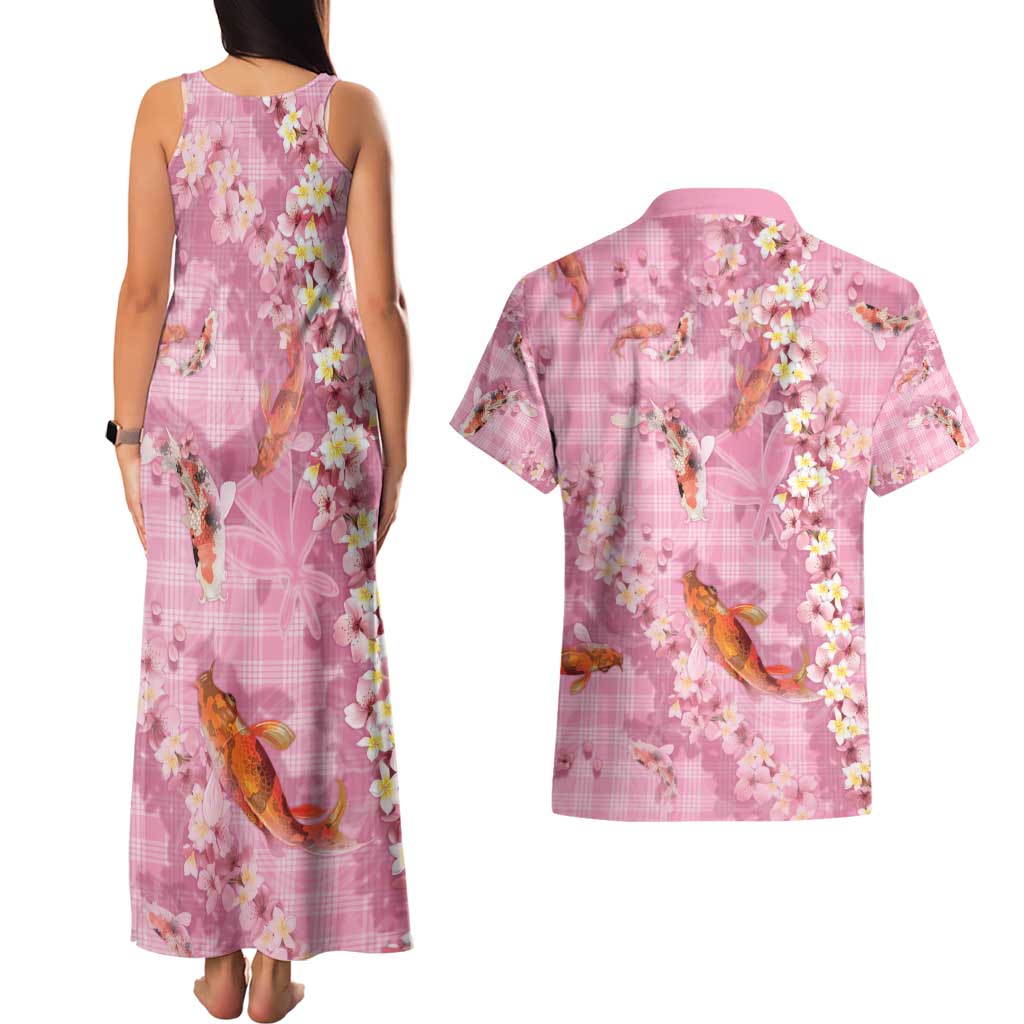 Pink Palaka Hawaiian And Japanese Couples Matching Tank Maxi Dress and Hawaiian Shirt Sakura Lei With Koi Fish - Polynesian Pride