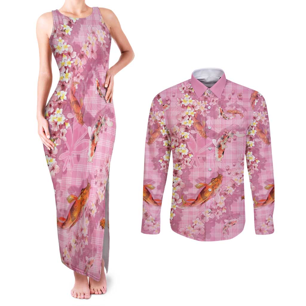 Pink Palaka Hawaiian And Japanese Couples Matching Tank Maxi Dress and Long Sleeve Button Shirt Sakura Lei With Koi Fish DT05 Pink - Polynesian Pride