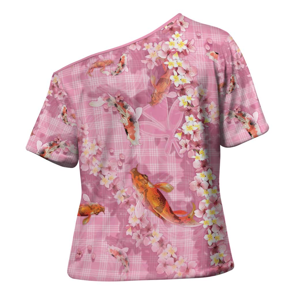 Pink Palaka Hawaiian And Japanese Cross Shoulder Shirt Sakura Lei With Koi Fish - Polynesian Pride