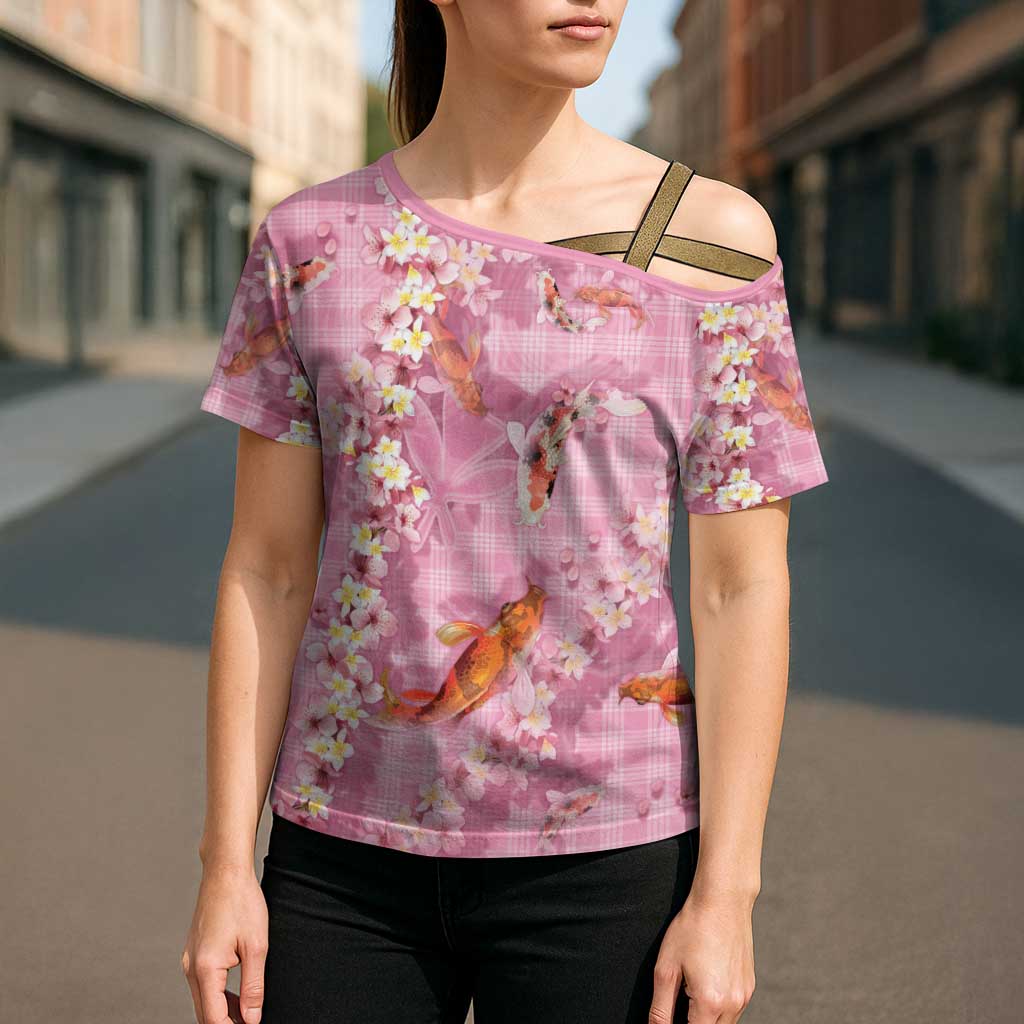 Pink Palaka Hawaiian And Japanese Cross Shoulder Shirt Sakura Lei With Koi Fish - Polynesian Pride