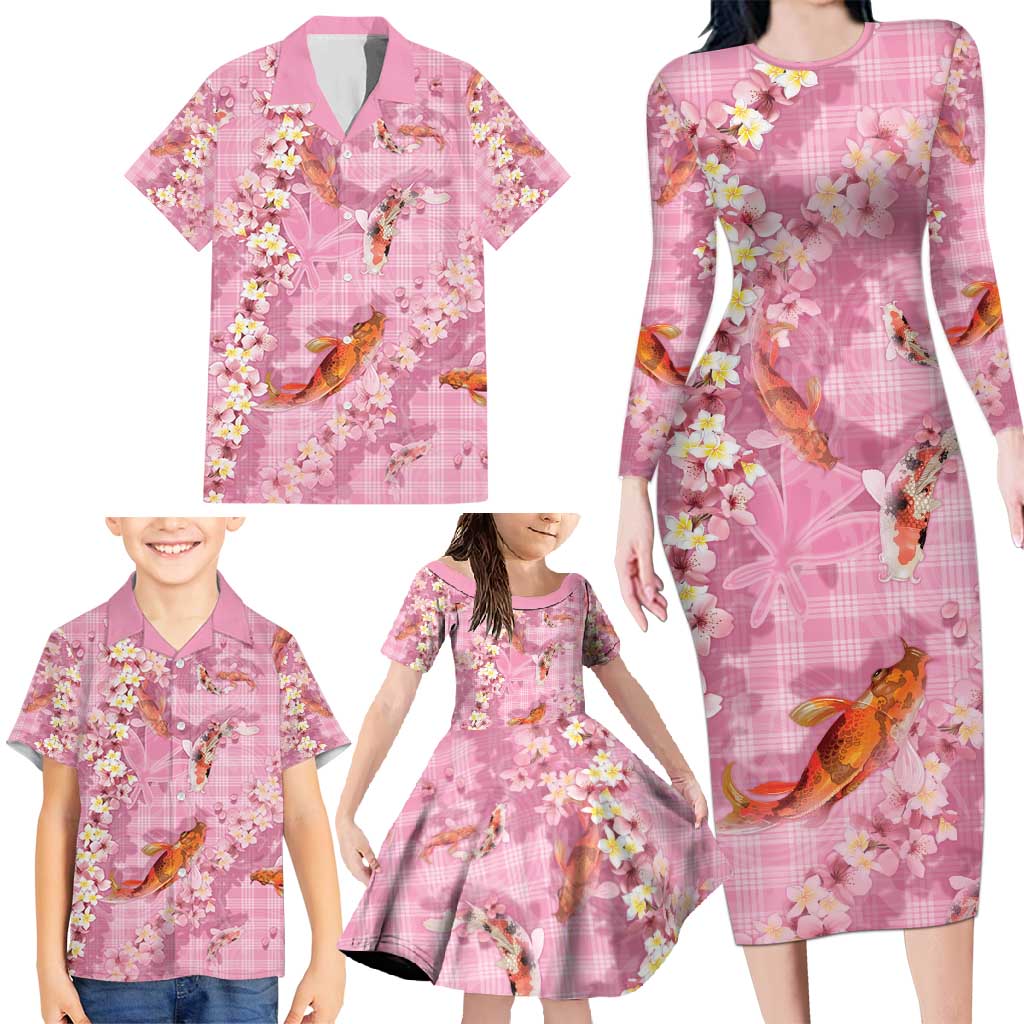 Pink Palaka Hawaiian And Japanese Family Matching Long Sleeve Bodycon Dress and Hawaiian Shirt Sakura Lei With Koi Fish - Polynesian Pride