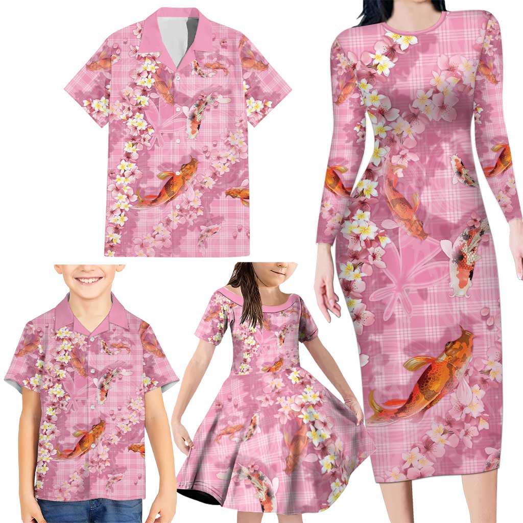 Pink Palaka Hawaiian And Japanese Family Matching Long Sleeve Bodycon Dress and Hawaiian Shirt Sakura Lei With Koi Fish DT05 - Polynesian Pride