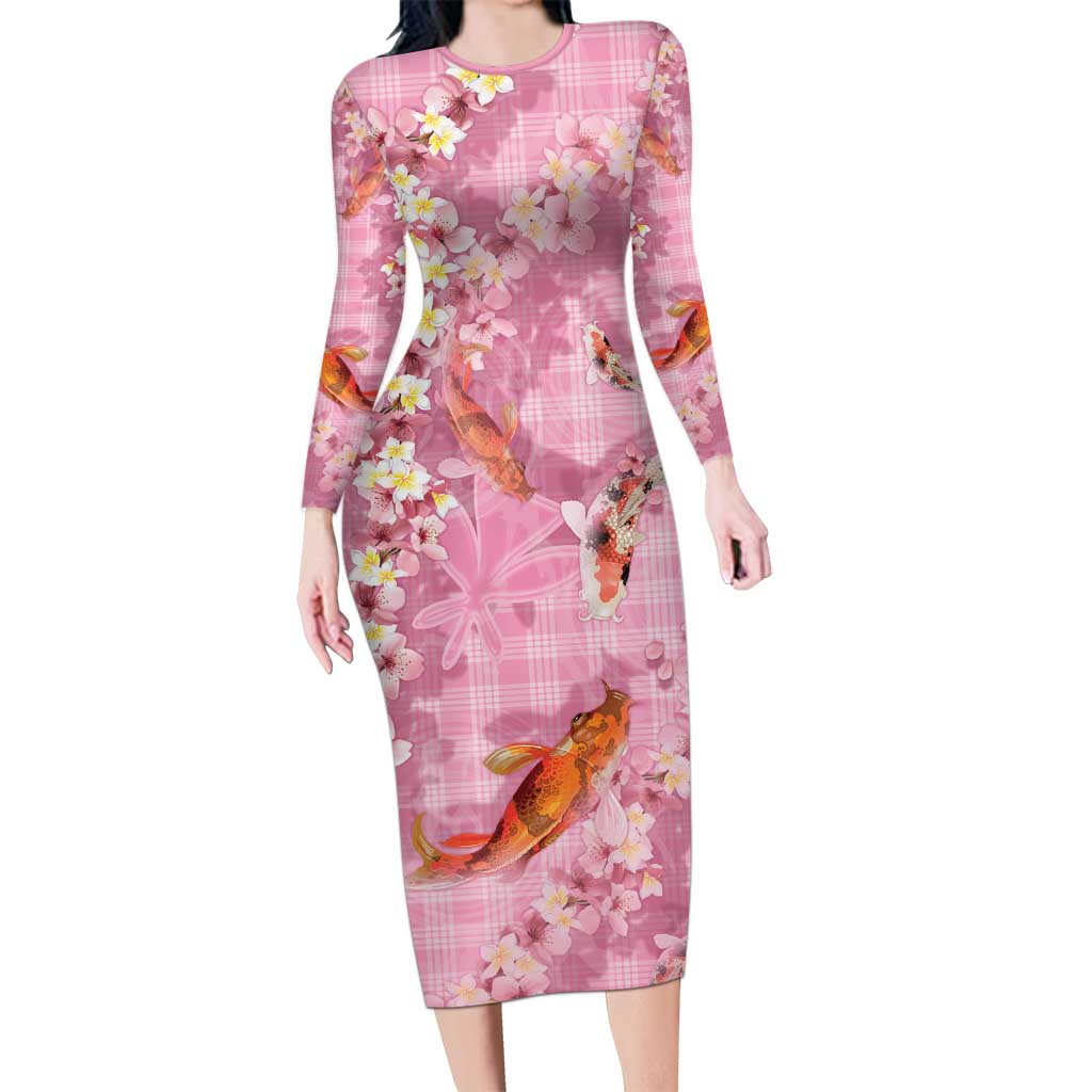 Pink Palaka Hawaiian And Japanese Family Matching Long Sleeve Bodycon Dress and Hawaiian Shirt Sakura Lei With Koi Fish - Polynesian Pride