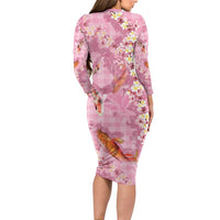 Pink Palaka Hawaiian And Japanese Family Matching Long Sleeve Bodycon Dress and Hawaiian Shirt Sakura Lei With Koi Fish - Polynesian Pride