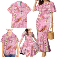 Pink Palaka Hawaiian And Japanese Family Matching Mermaid Dress and Hawaiian Shirt Sakura Lei With Koi Fish - Polynesian Pride
