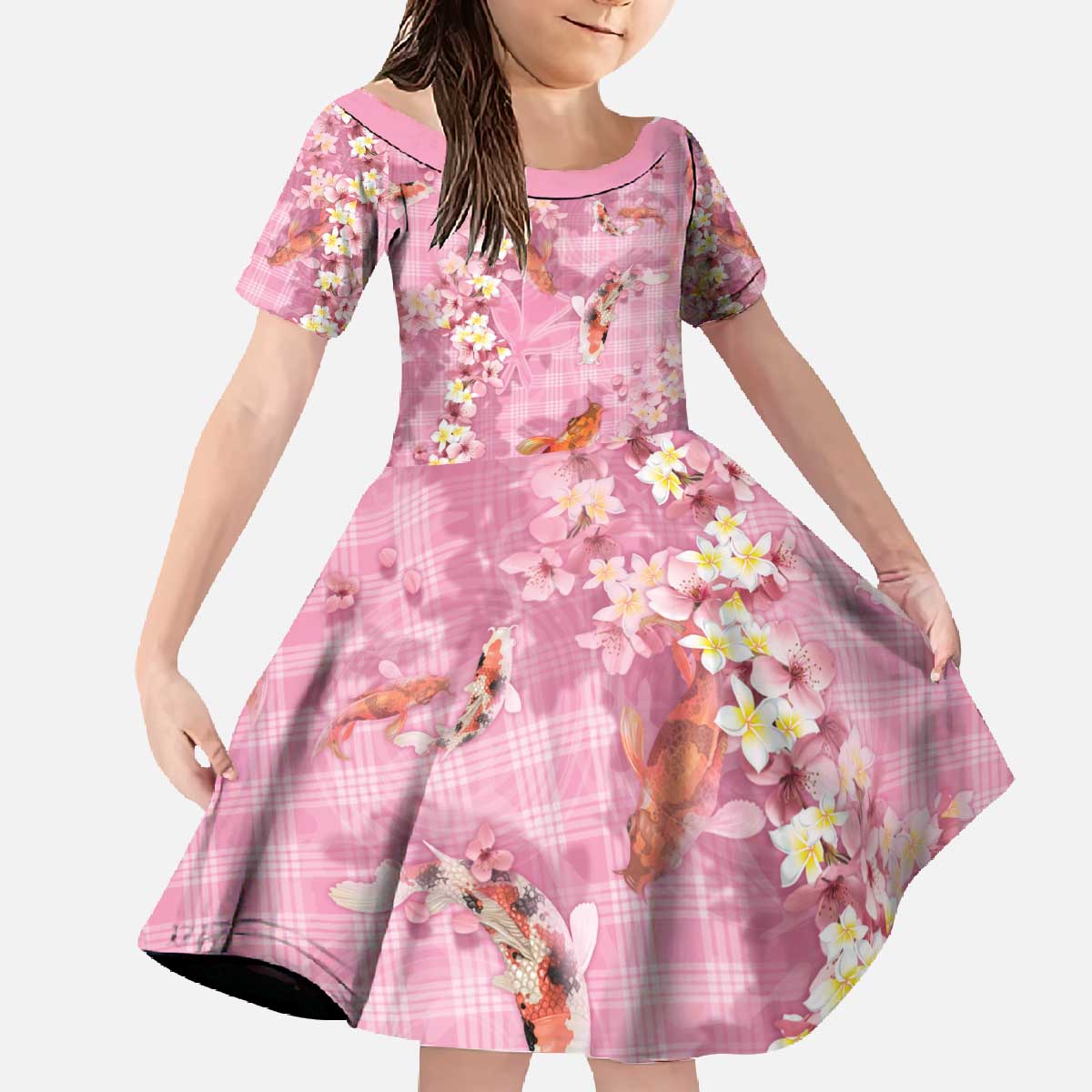 Pink Palaka Hawaiian And Japanese Family Matching Off The Shoulder Long Sleeve Dress and Hawaiian Shirt Sakura Lei With Koi Fish - Polynesian Pride