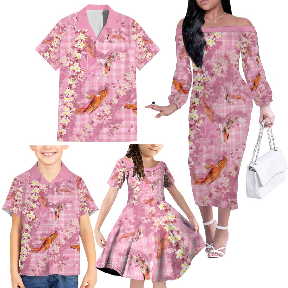 Pink Palaka Hawaiian And Japanese Family Matching Off The Shoulder Long Sleeve Dress and Hawaiian Shirt Sakura Lei With Koi Fish - Polynesian Pride