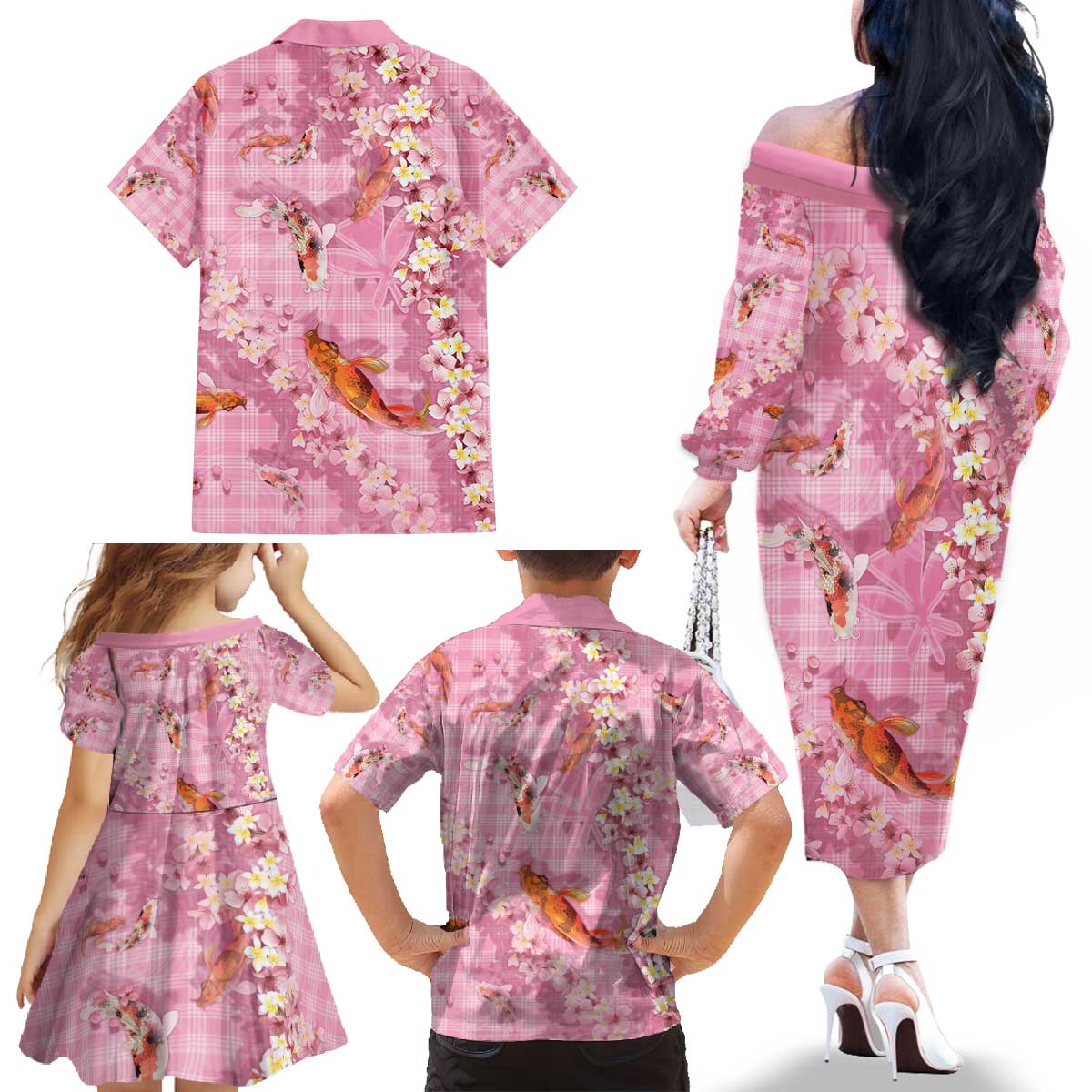 Pink Palaka Hawaiian And Japanese Family Matching Off The Shoulder Long Sleeve Dress and Hawaiian Shirt Sakura Lei With Koi Fish - Polynesian Pride