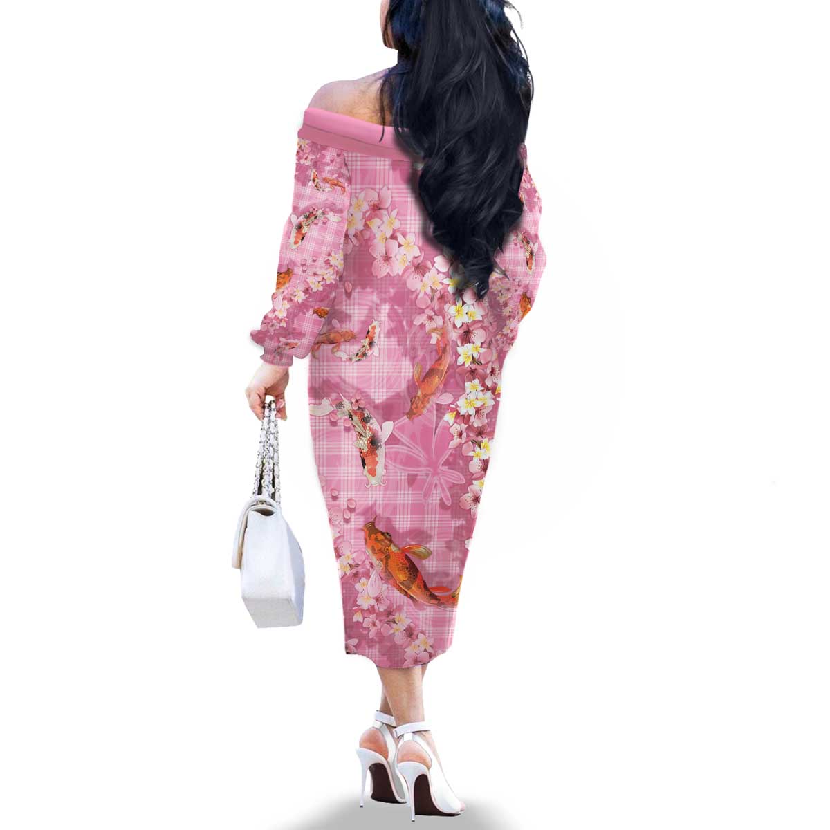 Pink Palaka Hawaiian And Japanese Family Matching Off The Shoulder Long Sleeve Dress and Hawaiian Shirt Sakura Lei With Koi Fish - Polynesian Pride