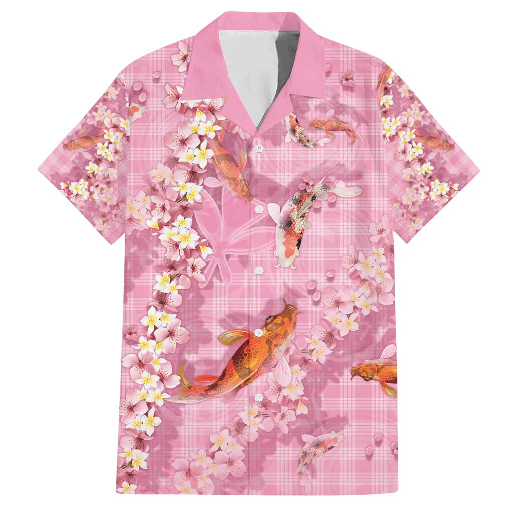 Pink Palaka Hawaiian And Japanese Family Matching Off Shoulder Maxi Dress and Hawaiian Shirt Sakura Lei With Koi Fish - Polynesian Pride