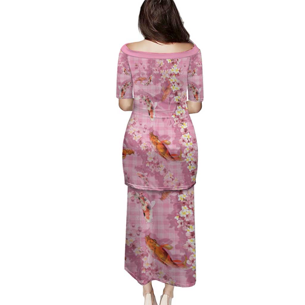 Pink Palaka Hawaiian And Japanese Family Matching Puletasi and Hawaiian Shirt Sakura Lei With Koi Fish - Polynesian Pride