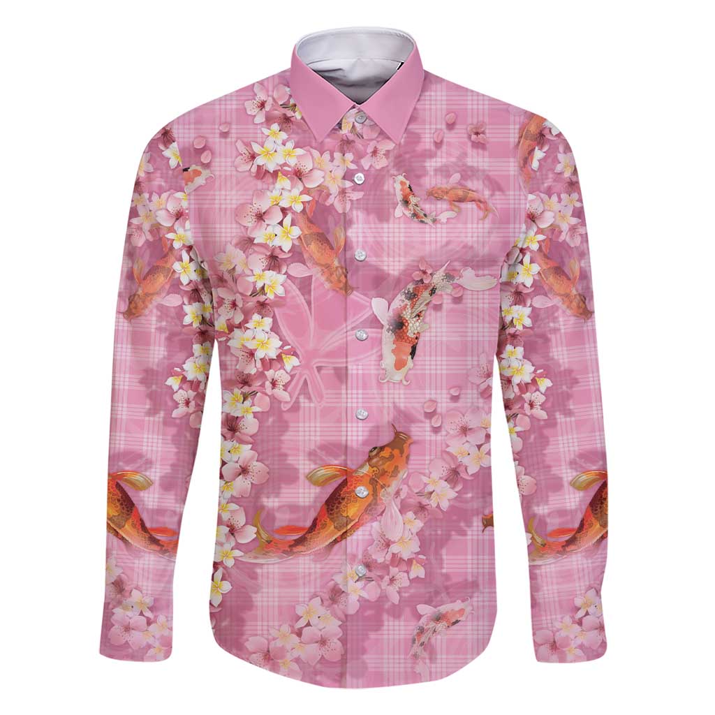 Pink Palaka Hawaiian And Japanese Family Matching Short Sleeve Bodycon Dress and Hawaiian Shirt Sakura Lei With Koi Fish - Polynesian Pride