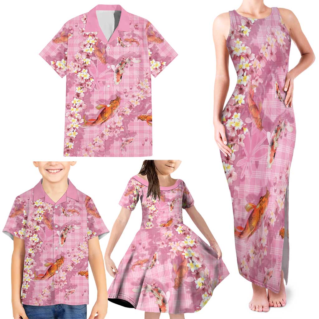 Pink Palaka Hawaiian And Japanese Family Matching Tank Maxi Dress and Hawaiian Shirt Sakura Lei With Koi Fish DT05 - Polynesian Pride