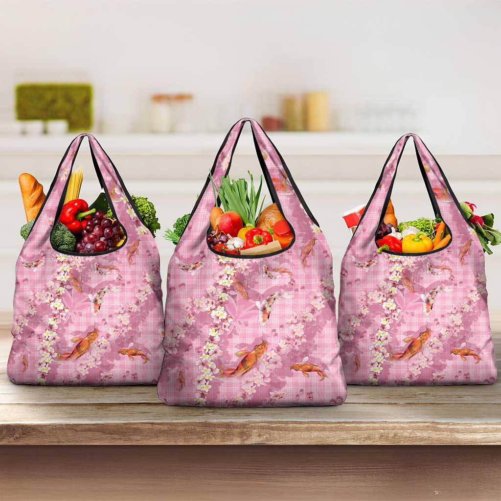 Pink Palaka Hawaiian And Japanese Grocery Bag Sakura Lei With Koi Fish - Polynesian Pride
