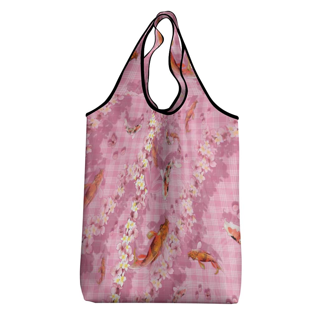 Pink Palaka Hawaiian And Japanese Grocery Bag Sakura Lei With Koi Fish - Polynesian Pride