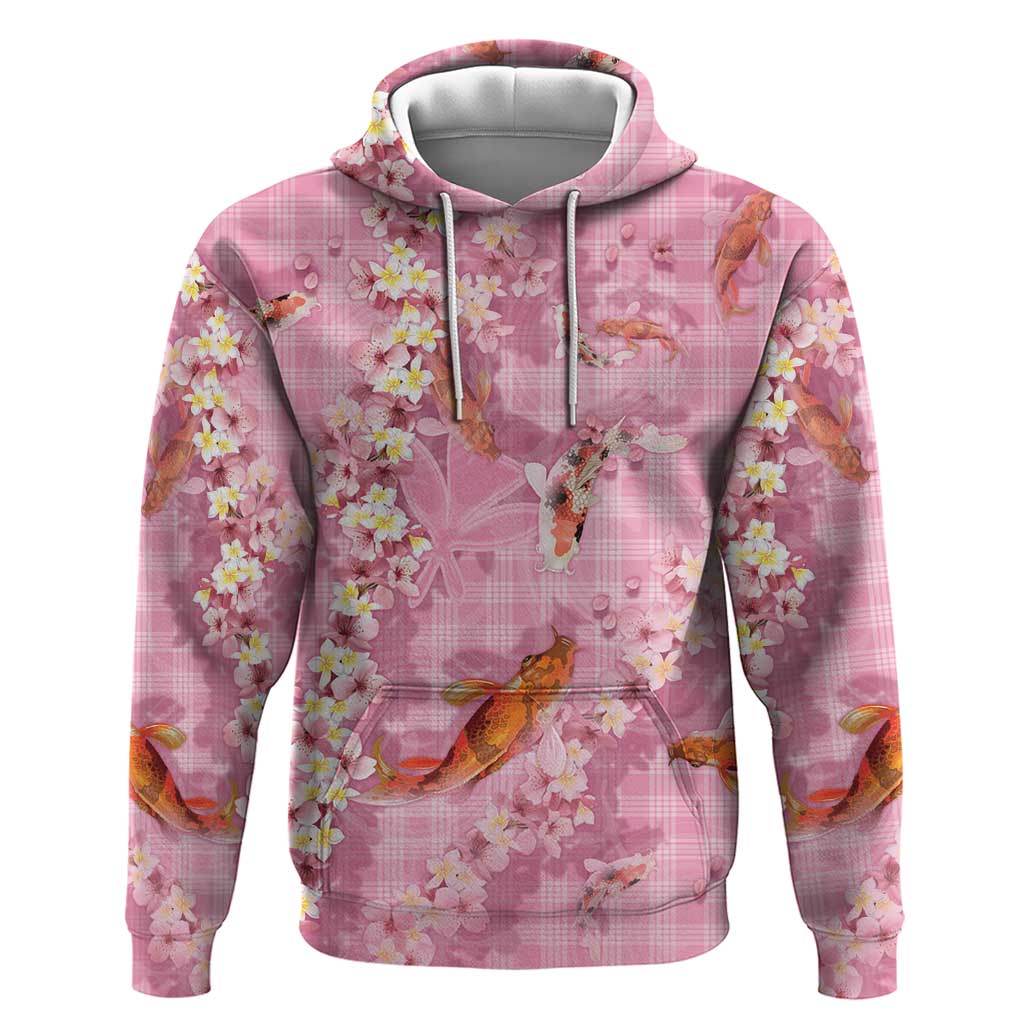 Pink Palaka Hawaiian And Japanese Hoodie Sakura Lei With Koi Fish DT05 Pullover Hoodie Pink - Polynesian Pride
