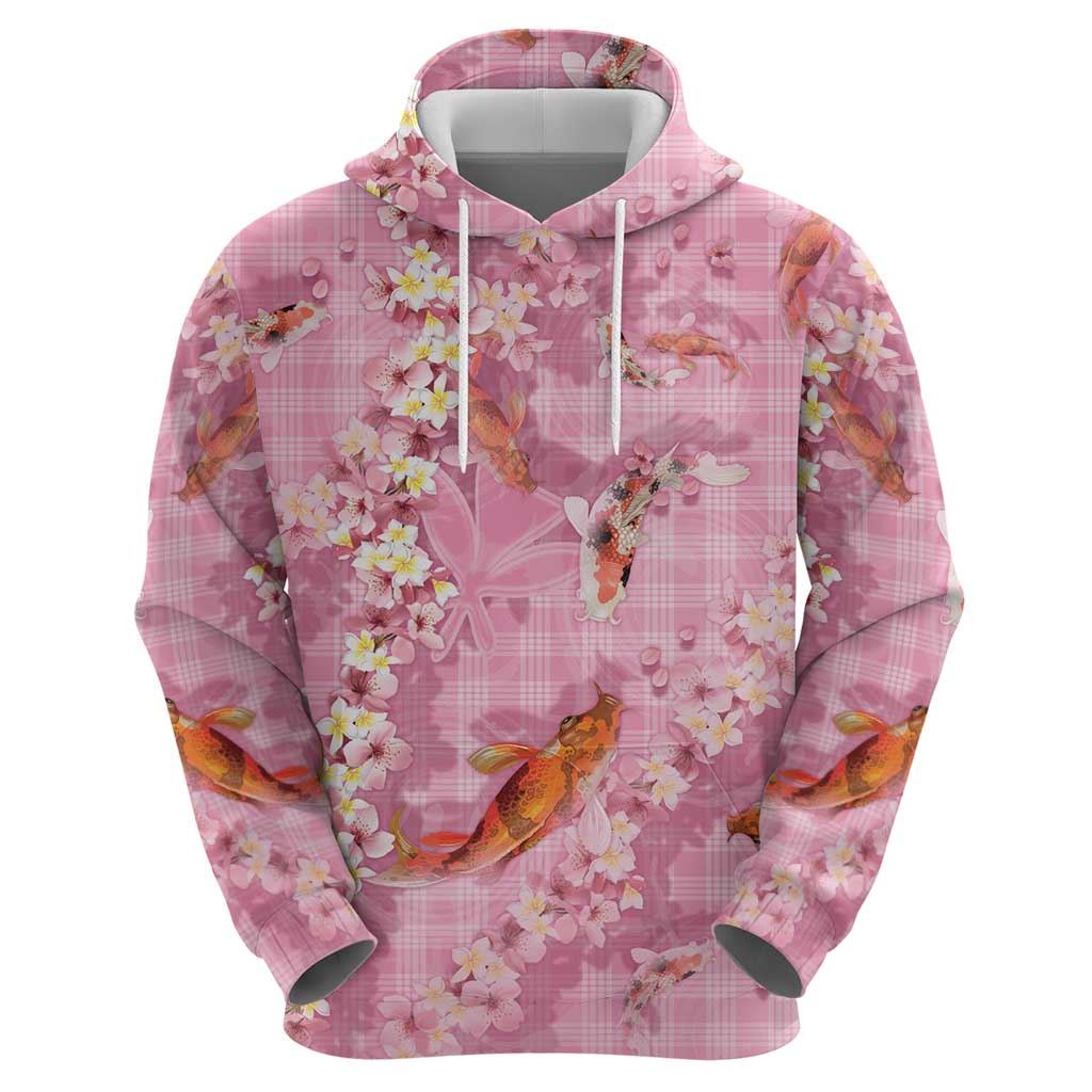 Pink Palaka Hawaiian And Japanese Hoodie Sakura Lei With Koi Fish - Polynesian Pride