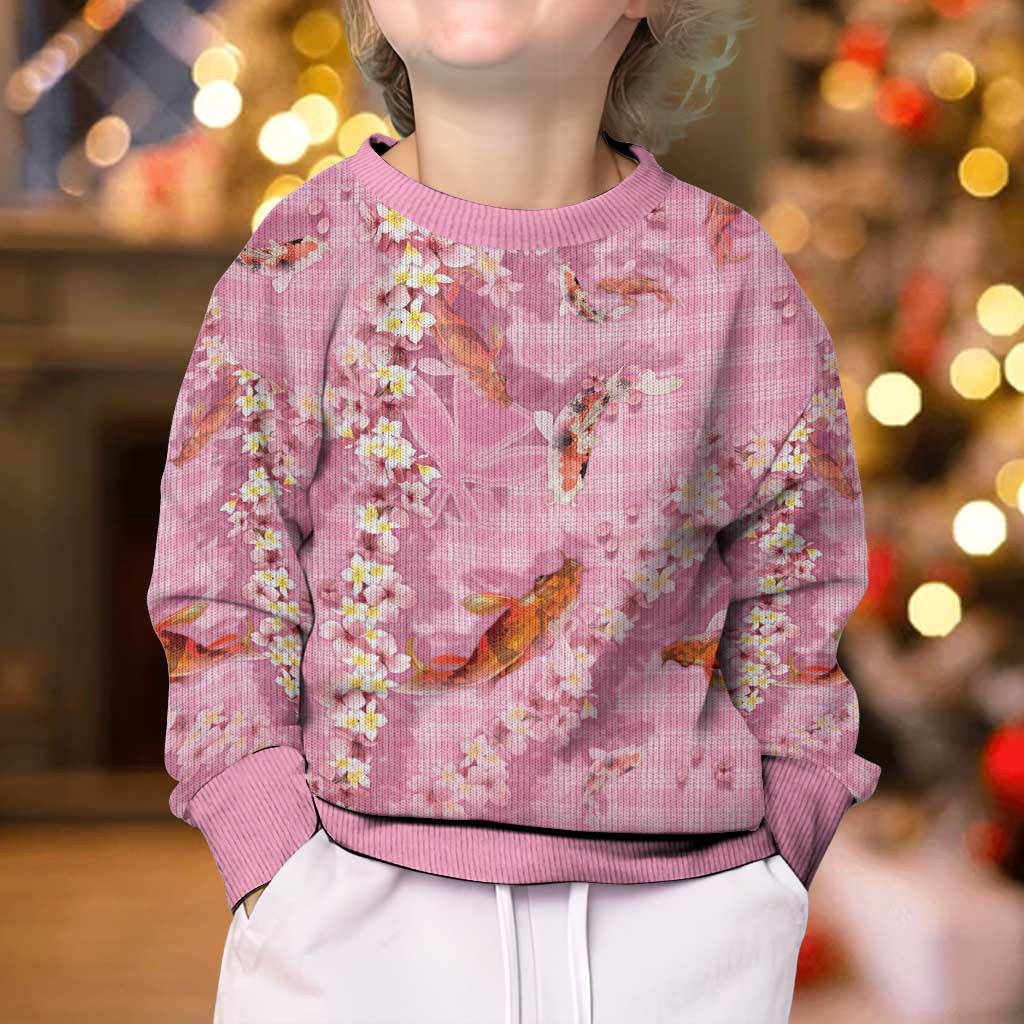 Pink Palaka Hawaiian And Japanese Kid Ugly Christmas Sweater Sakura Lei With Koi Fish - Polynesian Pride