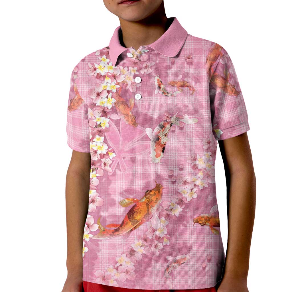 Pink Palaka Hawaiian And Japanese Kid Polo Shirt Sakura Lei With Koi Fish DT05 Kid Pink - Polynesian Pride