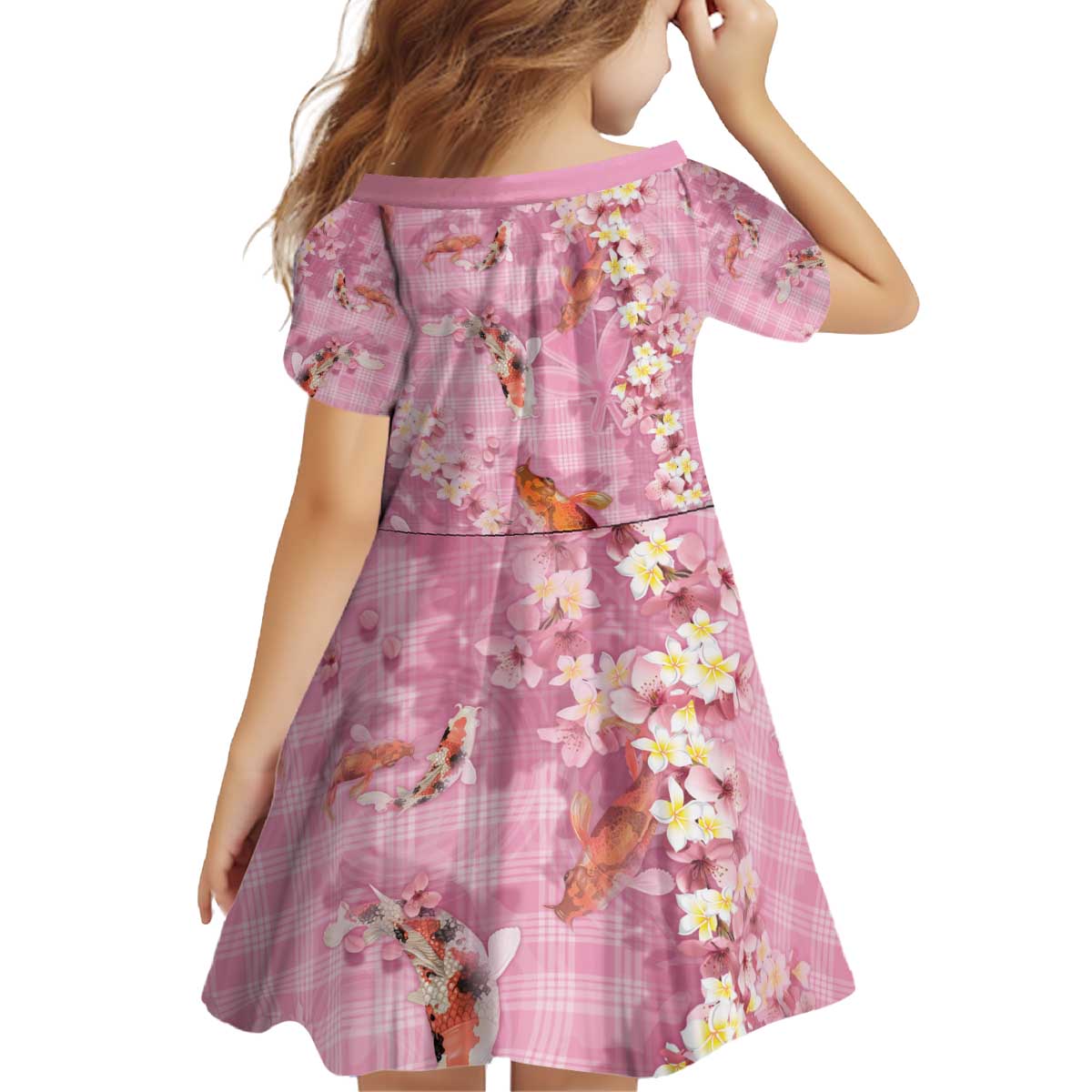 Pink Palaka Hawaiian And Japanese Kid Short Sleeve Dress Sakura Lei With Koi Fish - Polynesian Pride