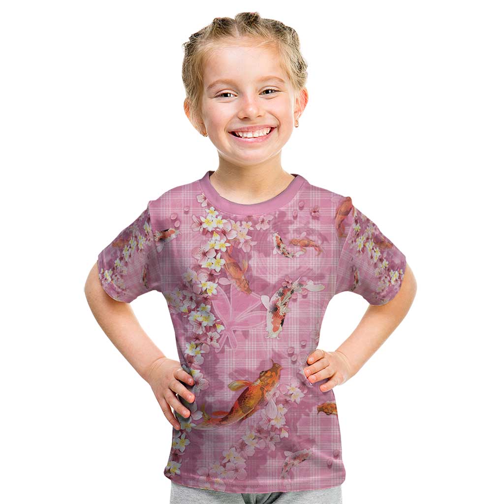 Pink Palaka Hawaiian And Japanese Kid T Shirt Sakura Lei With Koi Fish - Polynesian Pride