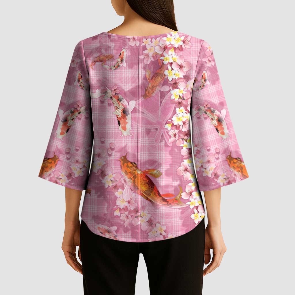 Pink Palaka Hawaiian And Japanese Kimono Sleeve Blouse Sakura Lei With Koi Fish - Polynesian Pride