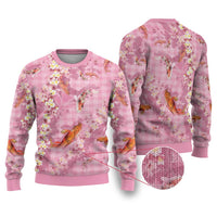 Pink Palaka Hawaiian And Japanese Ugly Christmas Sweater Sakura Lei With Koi Fish - Polynesian Pride