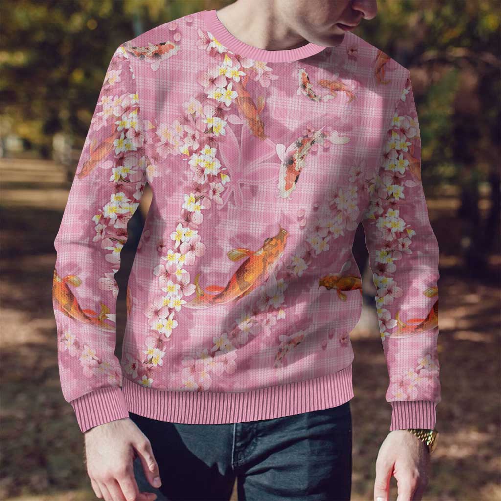 Pink Palaka Hawaiian And Japanese Ugly Christmas Sweater Sakura Lei With Koi Fish - Polynesian Pride